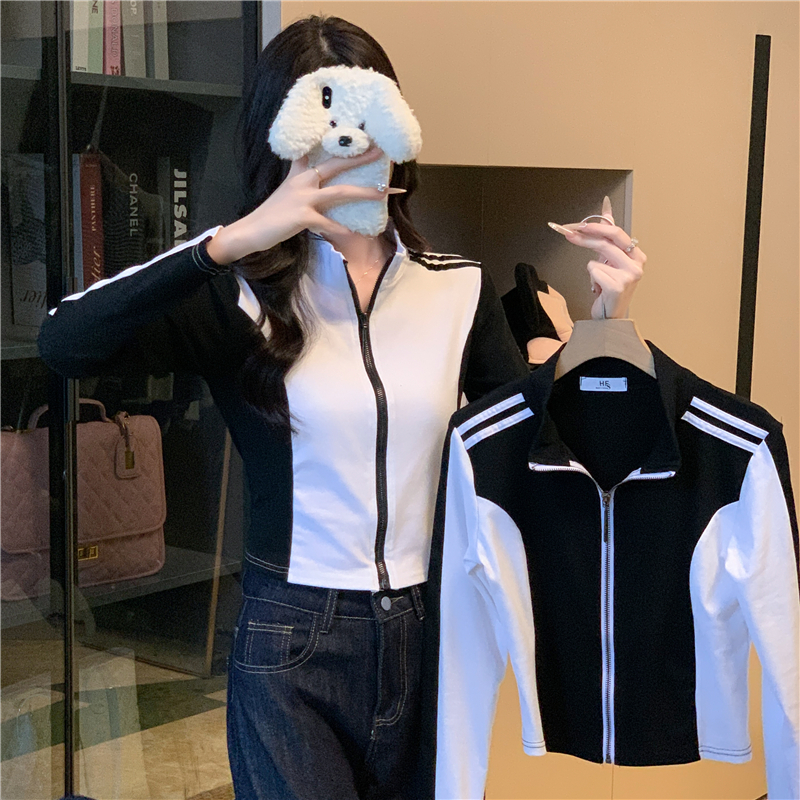 實拍 黑白撞色拼接長袖T恤女設計感小眾獨特別致立領拉鏈上衣