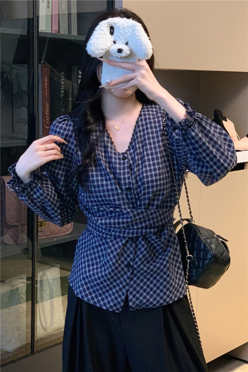 實拍 秋季新款蕾絲花邊收腰格子長袖襯衫顯瘦襯衣上衣女洋氣