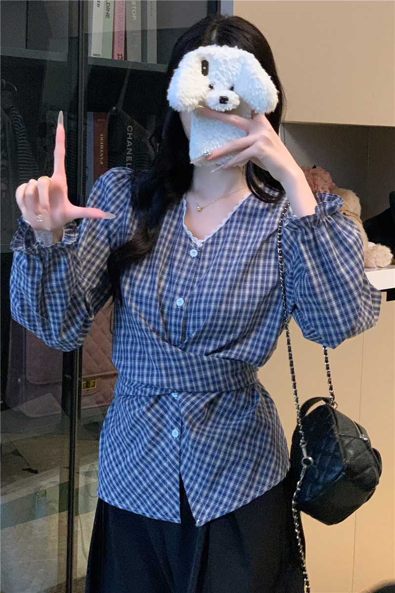 實拍 秋季新款蕾絲花邊收腰格子長袖襯衫顯瘦襯衣上衣女洋氣
