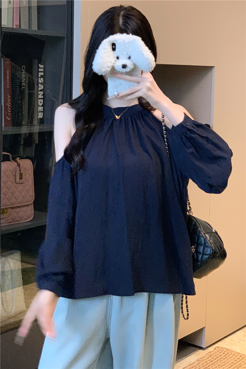 實拍韓系甜辣露肩掛脖背心長袖小衫秋季減齡百搭顯瘦休閑上衣