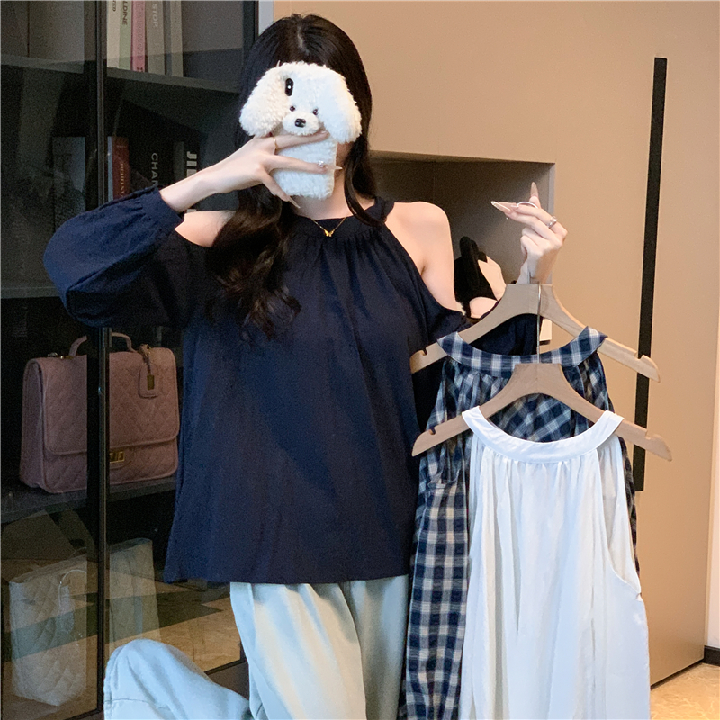 實拍韓系甜辣露肩掛脖背心長袖小衫秋季減齡百搭顯瘦休閑上衣