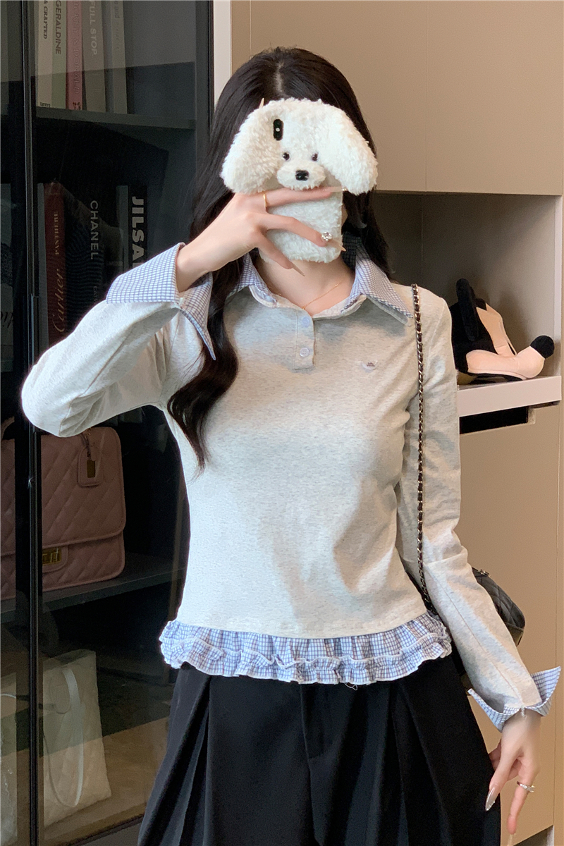 實拍 韓版格紋拼接雙層領設計感秋季長袖T恤女內搭打底上衣