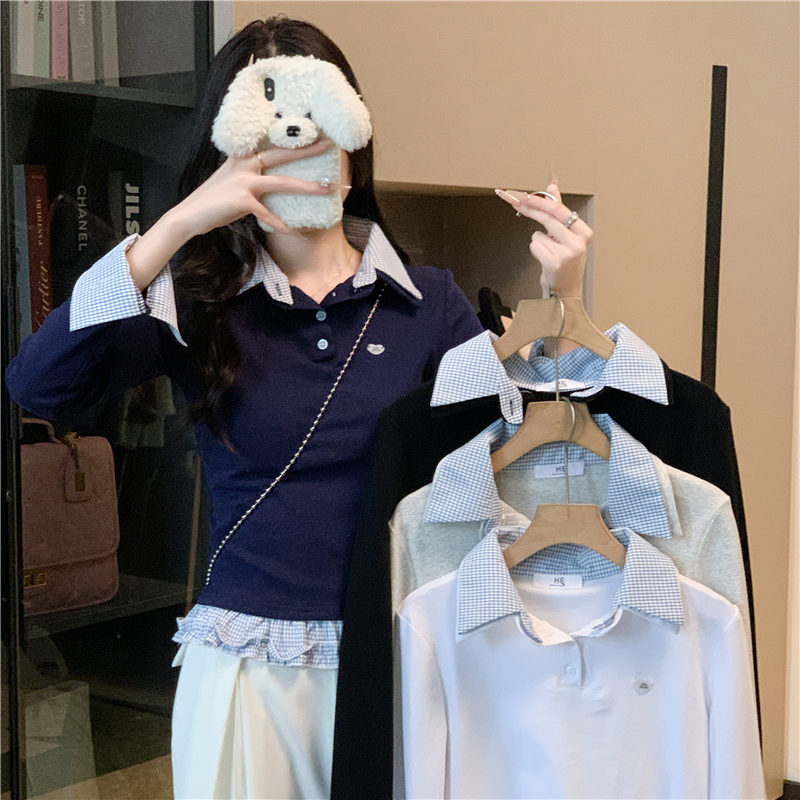 實拍 韓版格紋拼接雙層領設計感秋季長袖T恤女內搭打底上衣