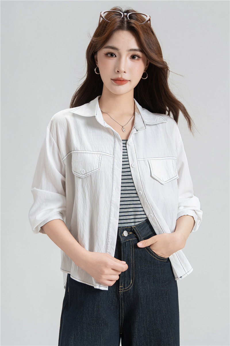 實拍 兩件套 明線長袖襯衫條紋針織背心 早秋百搭疊穿上衣女