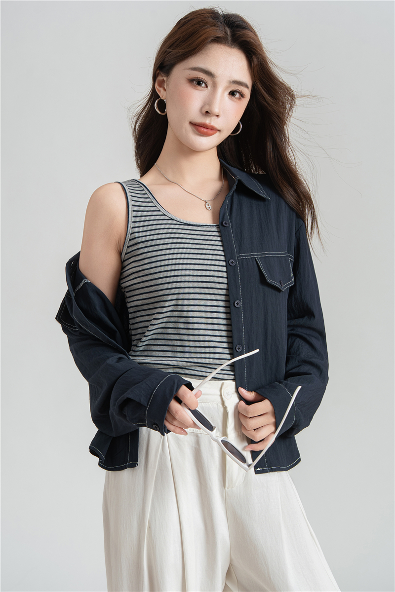 實拍 兩件套 明線長袖襯衫條紋針織背心 早秋百搭疊穿上衣女