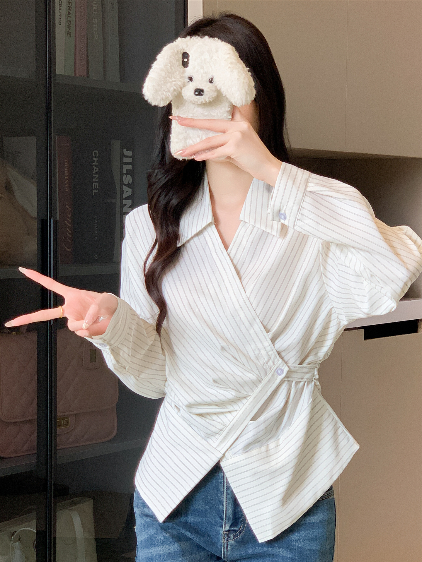 MY13651# 法式气质长袖Polo领条纹衬衫收腰显瘦上衣不规则衬衣女裝...