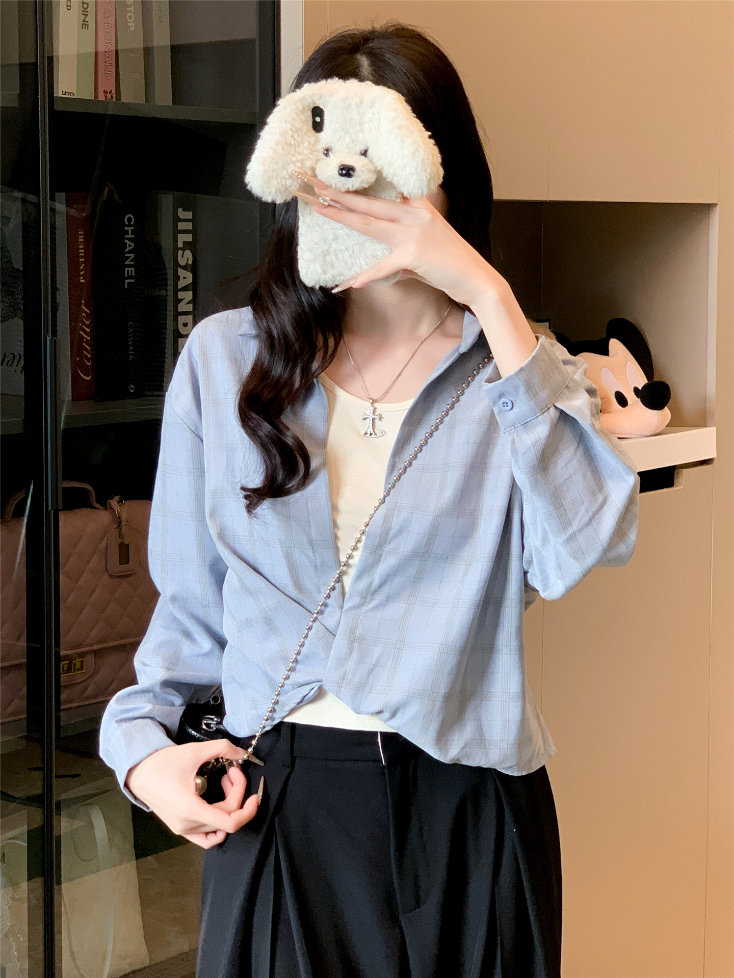 MY13650# 真两件套 时尚百搭休闲长袖衬衫背心两件套女裝貨源服裝批發