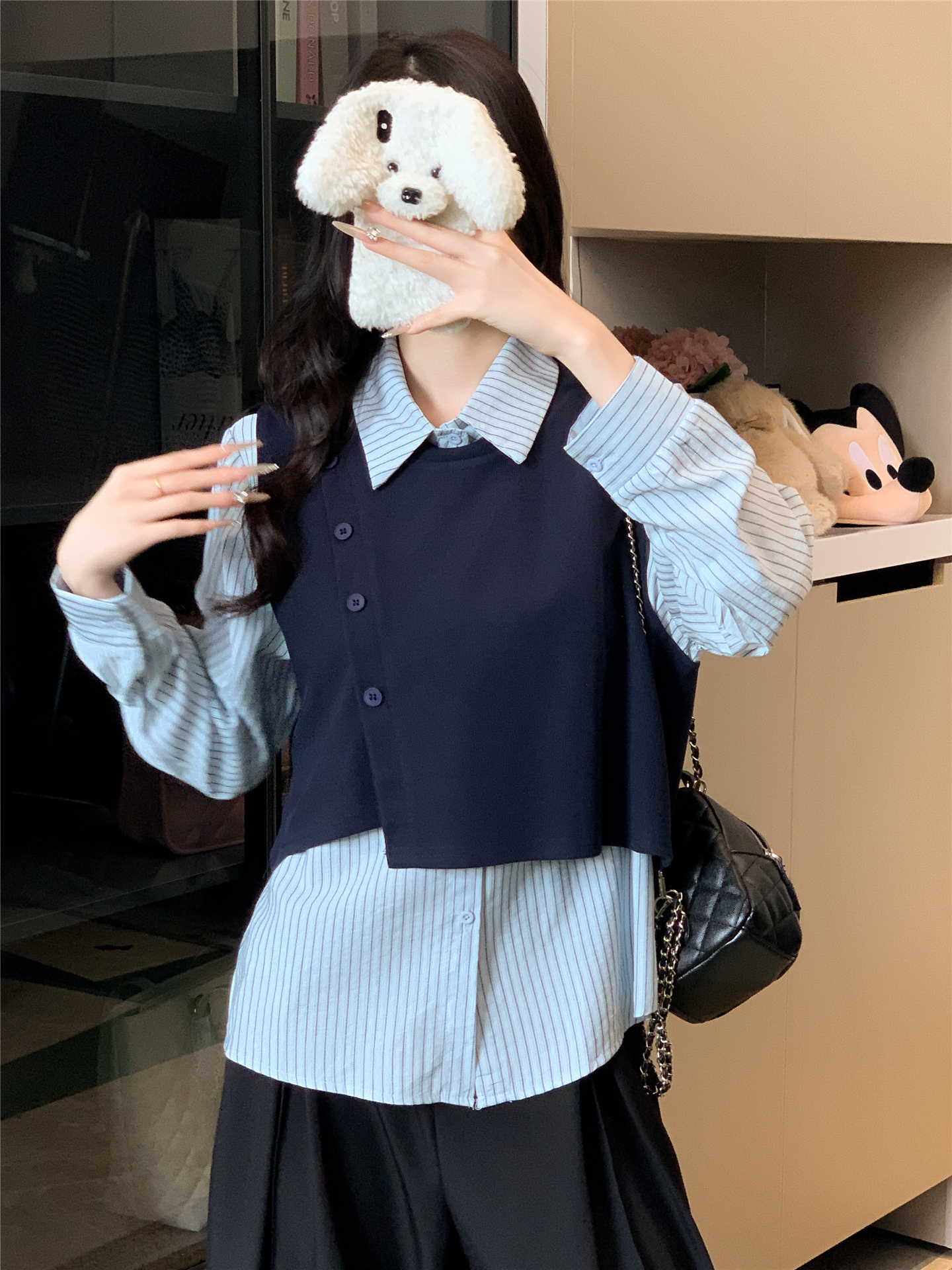 MY13649# 时尚条纹拼接真两件衬衣新款百搭休闲别致翻领上衣女裝貨源服...