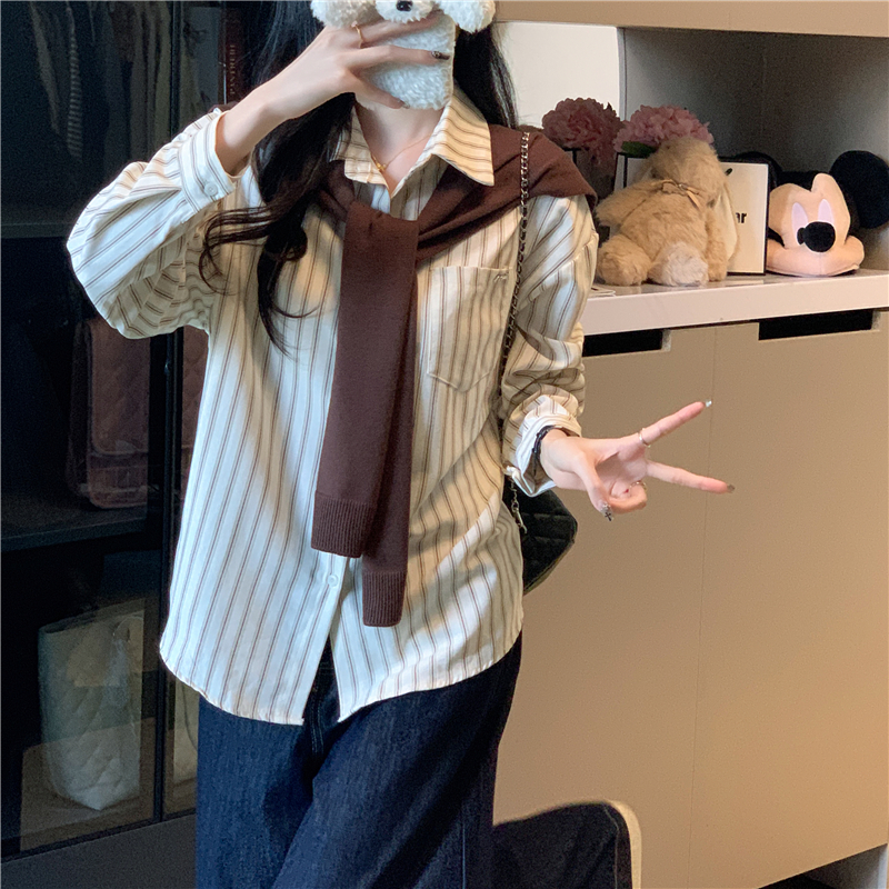 實拍 秋季新款披肩條紋襯衫鹽系寬松百搭兩件套送披肩可拆卸