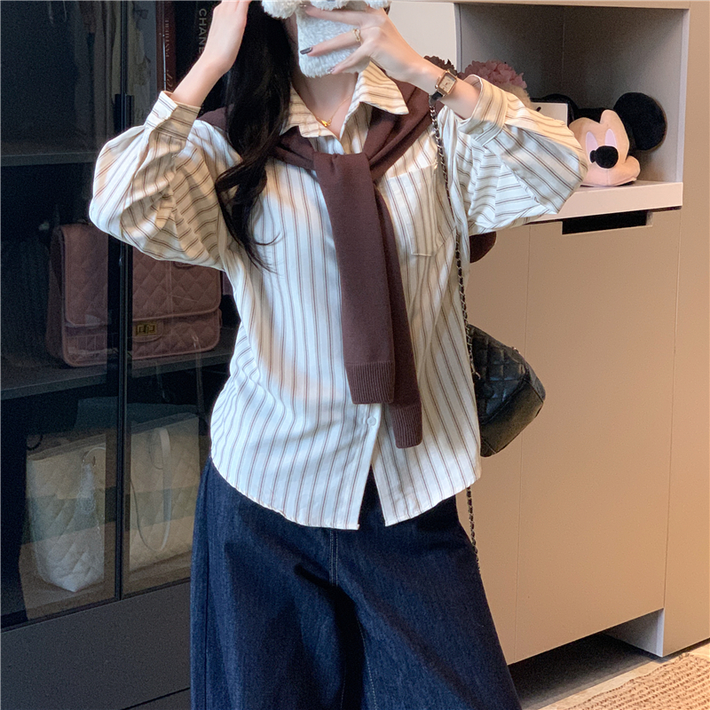 實拍 秋季新款披肩條紋襯衫鹽系寬松百搭兩件套送披肩可拆卸