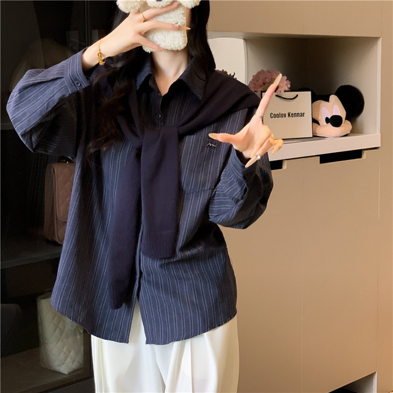 實拍 秋季新款披肩條紋襯衫鹽系寬松百搭兩件套送披肩可拆卸