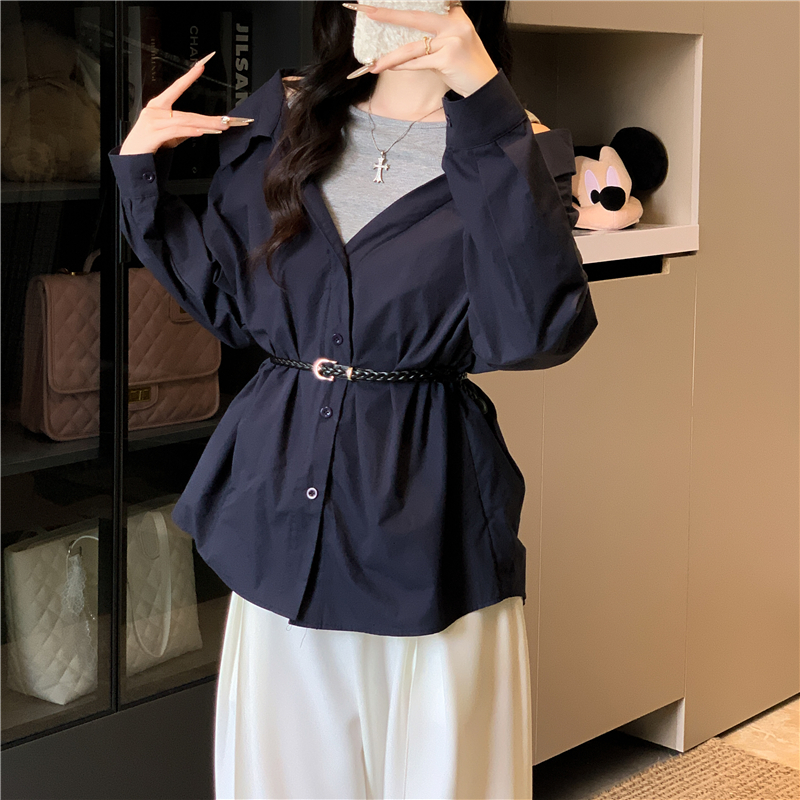 實拍法式氣質收腰露肩假兩件白色長袖襯衫外套女初秋襯衣上衣