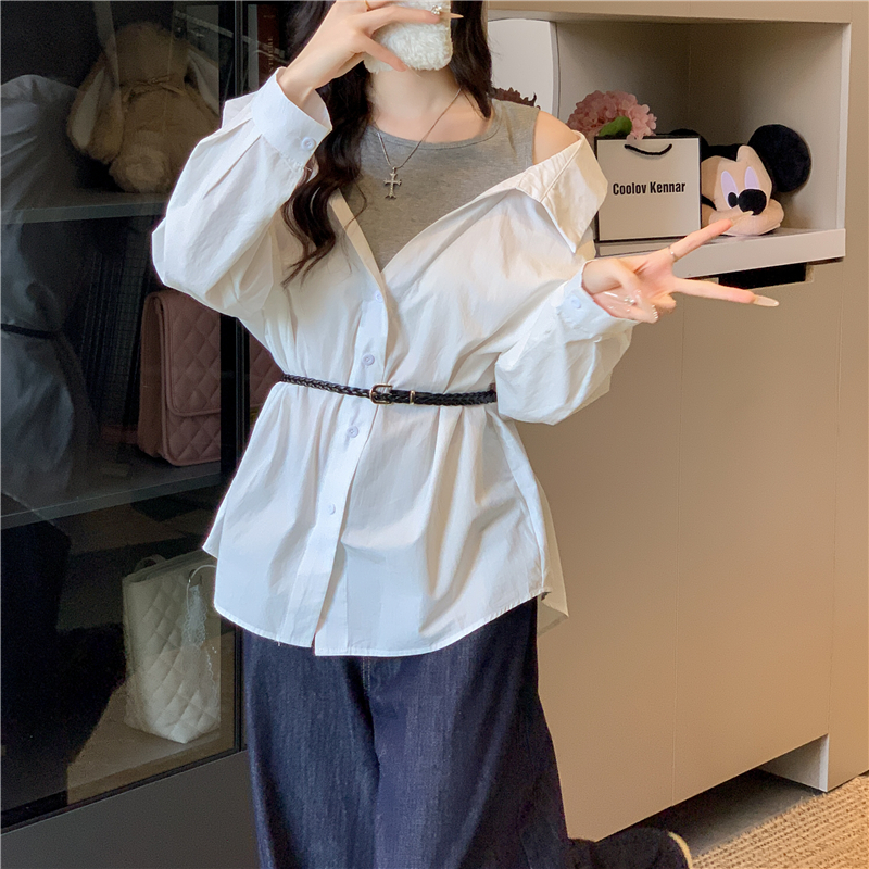 實拍法式氣質收腰露肩假兩件白色長袖襯衫外套女初秋襯衣上衣
