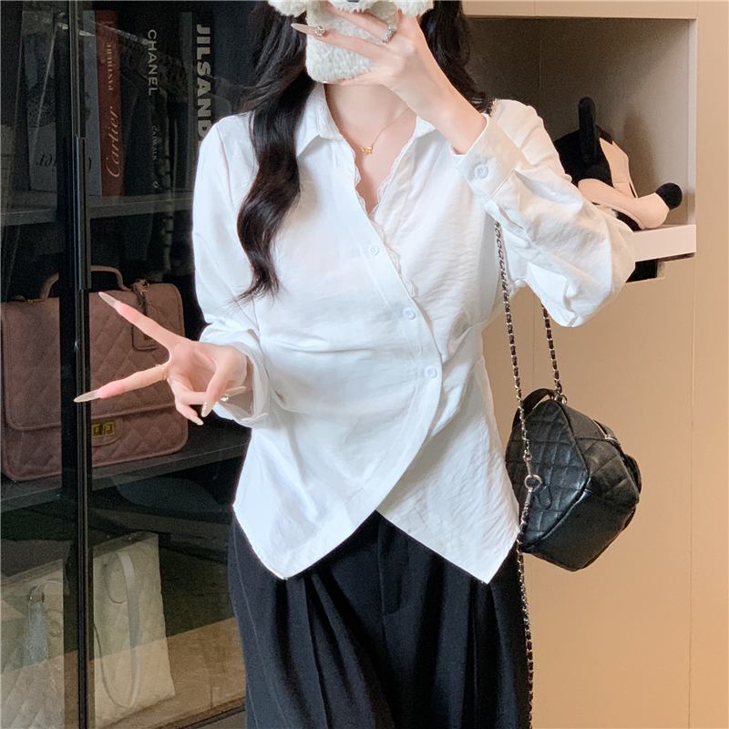 實拍 洋氣時尚百搭不規則設計高級感蕾絲花邊拼接長袖襯衫女