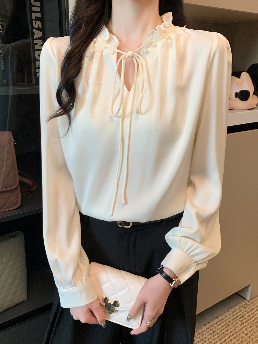 實拍 法式溫柔氣質面試襯衫女士職業通勤襯衣長袖木耳邊上衣