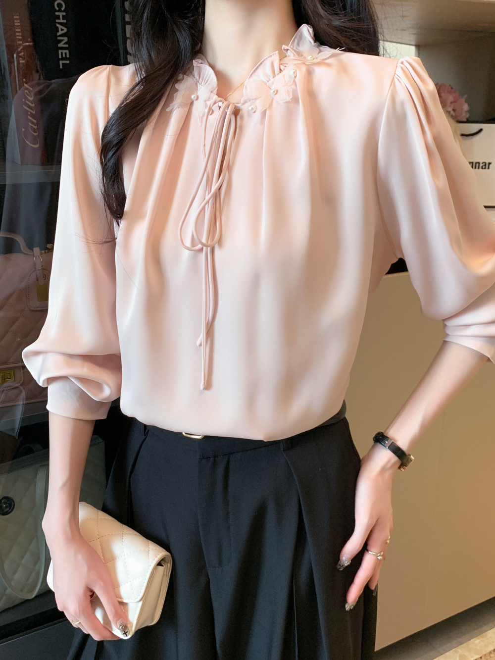 實拍 法式溫柔氣質面試襯衫女士職業通勤襯衣長袖木耳邊上衣