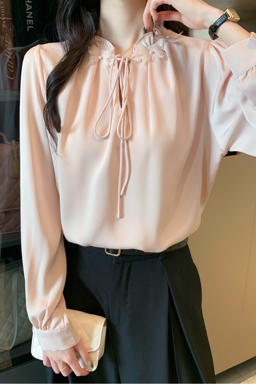 實拍 法式溫柔氣質面試襯衫女士職業通勤襯衣長袖木耳邊上衣