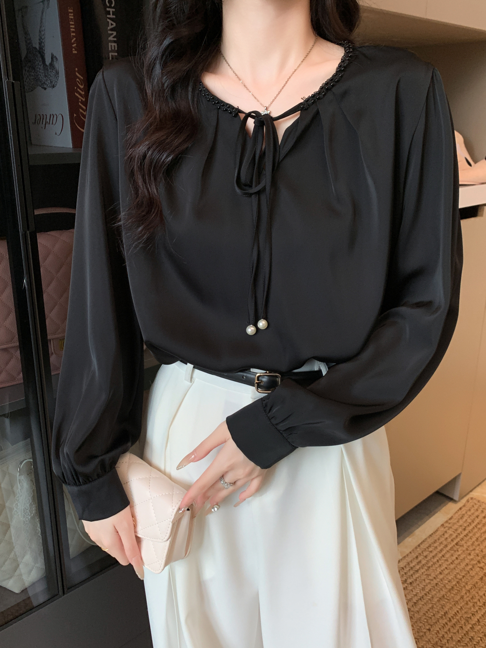 實拍 高級感氣質甜美通勤溫柔風緞面長袖雪紡襯衫女上衣