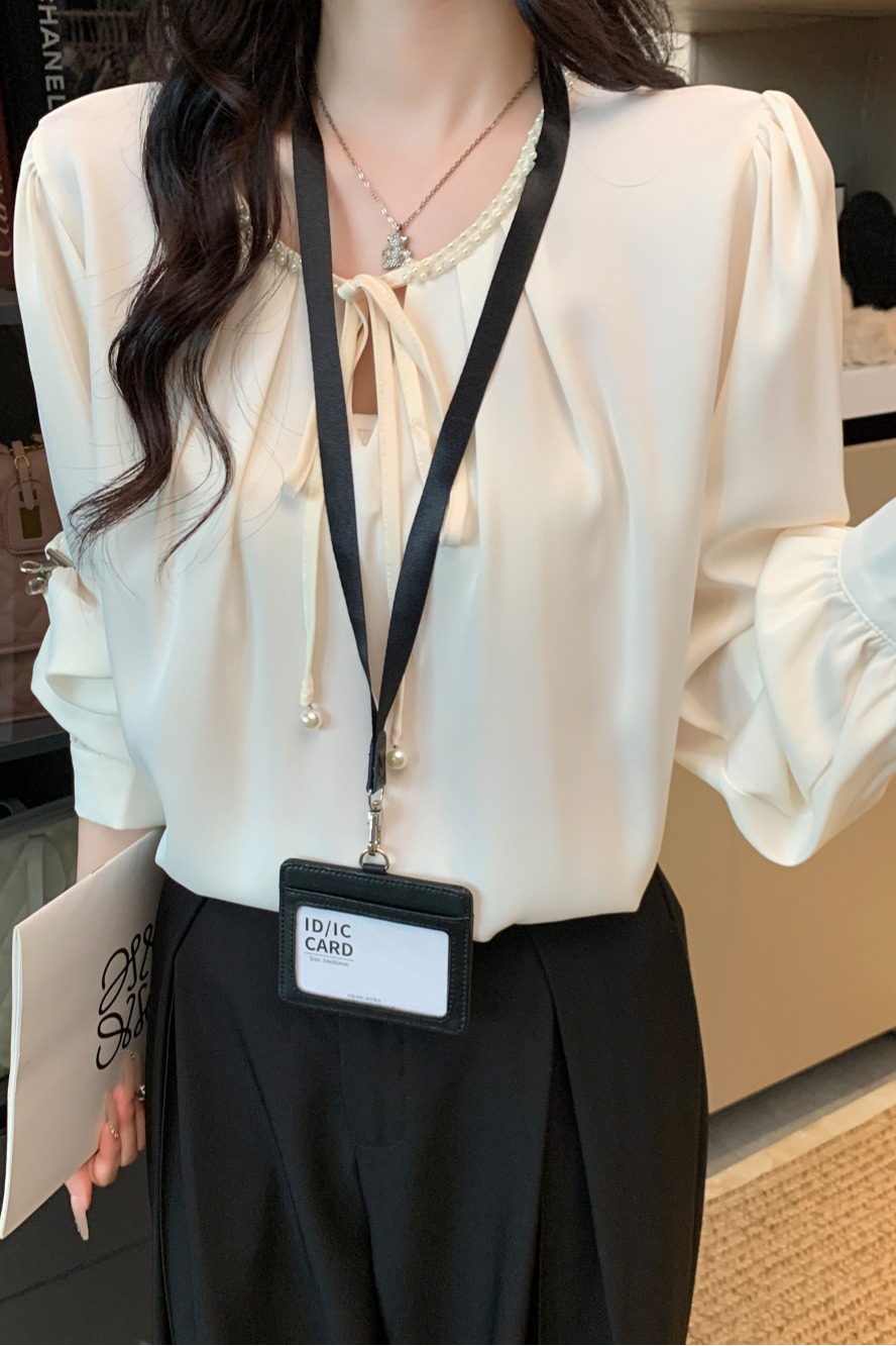 實拍 高級感氣質甜美通勤溫柔風緞面長袖雪紡襯衫女上衣