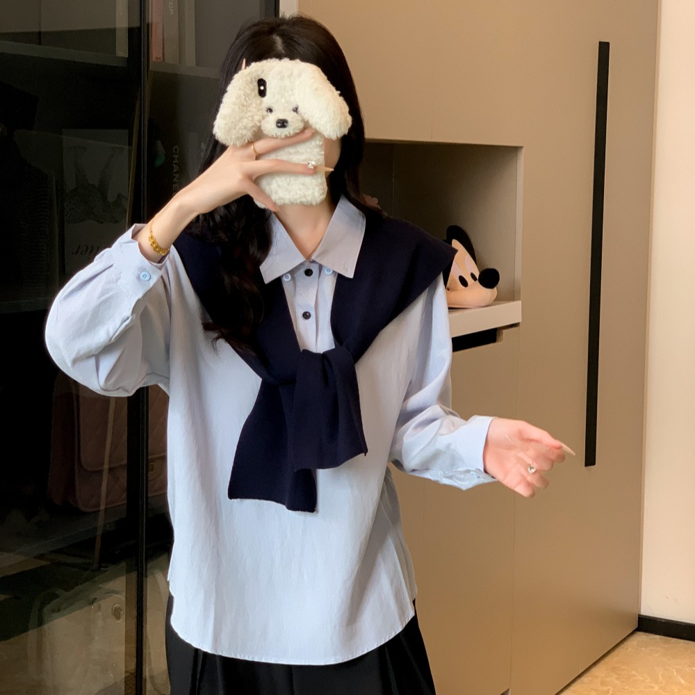 實拍 polo領休閑百搭新款披肩純棉襯衫 法式別致長袖上衣兩件套