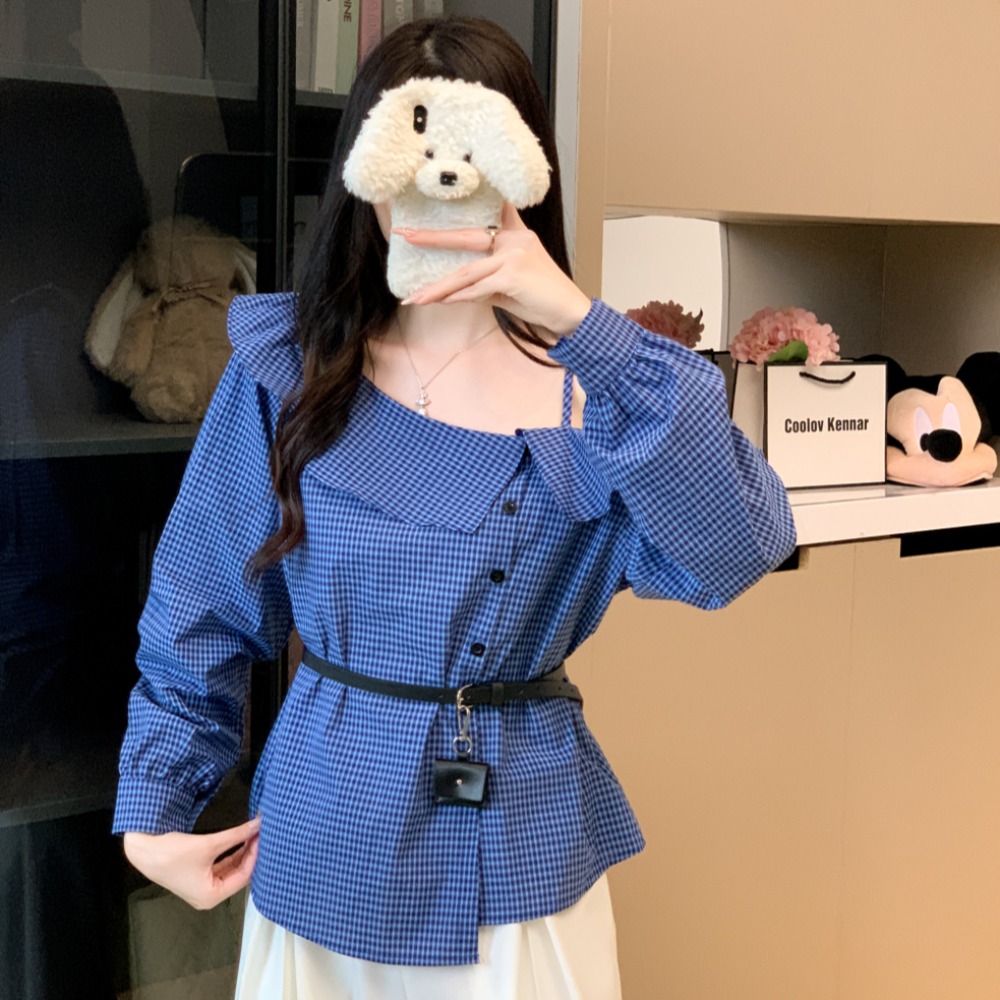 實拍 送腰帶 早秋新款洋氣長袖格子襯衫女上衣露肩百搭休閑襯衣