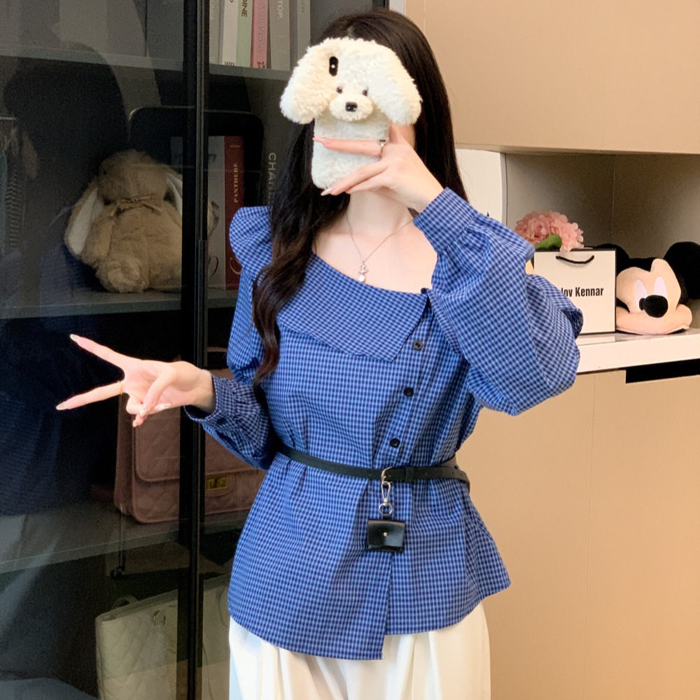 實拍 送腰帶 早秋新款洋氣長袖格子襯衫女上衣露肩百搭休閑襯衣