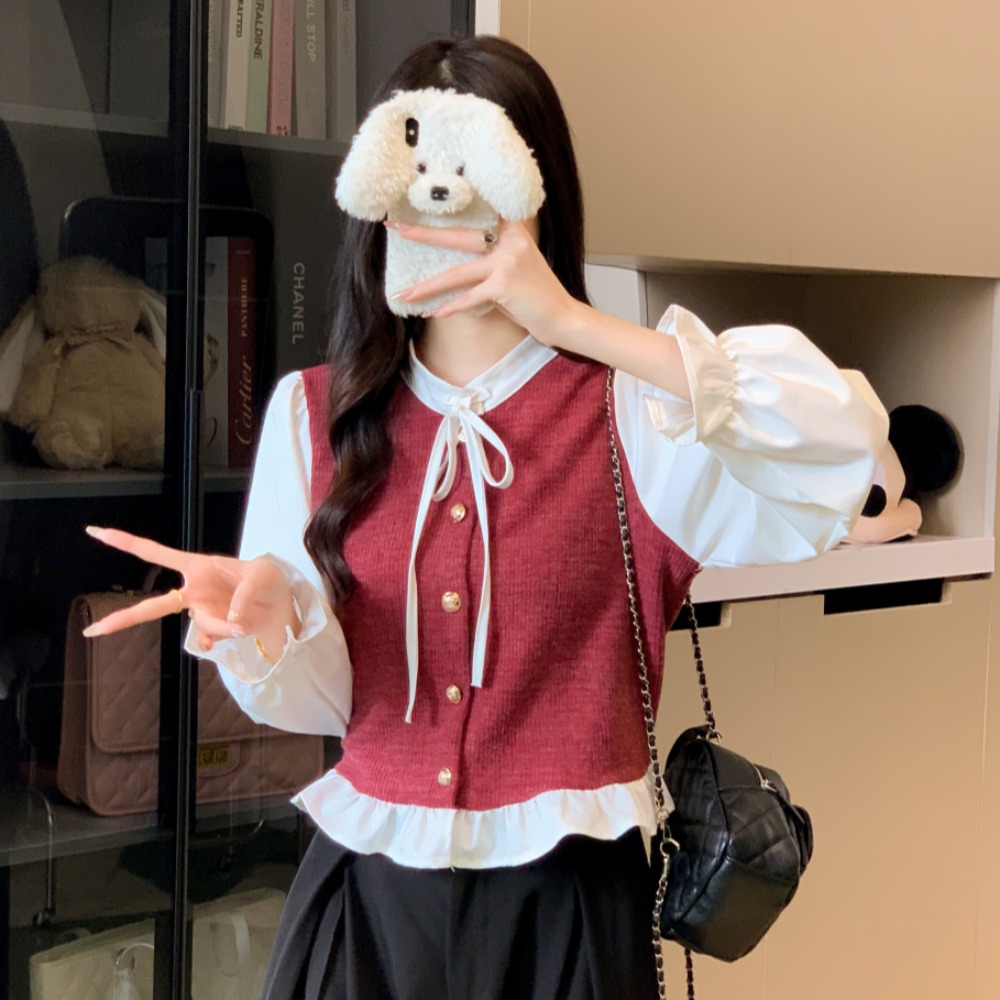 實拍假兩件坑條馬甲拼接襯衫法式優雅蝴蝶結裝飾立領打底小衫上衣
