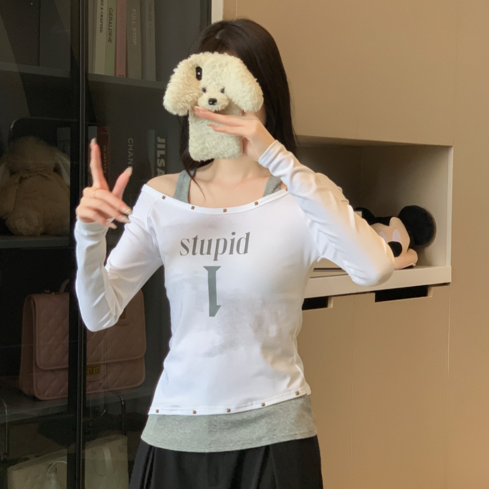 實拍 一字肩長袖t恤女新款修身顯瘦內搭打底衫小上衣
