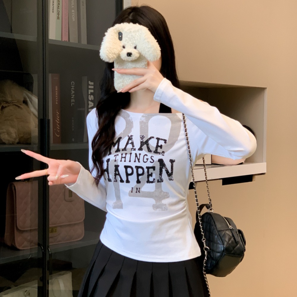 實拍 新款美式辣妹復古設計掛脖長袖字母印花設計感長袖T恤女