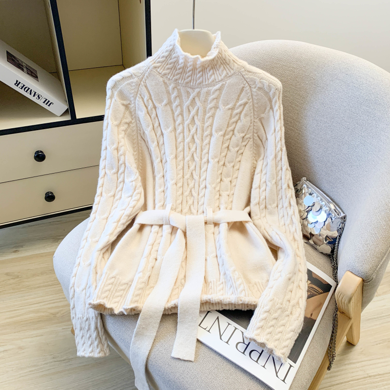 MY15748# 加厚洋气时尚百搭腰带修身显瘦休闲半高领麻花毛衣女上衣女裝...
