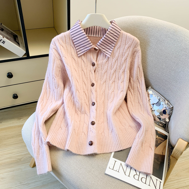 MY15880# 假两件polo领针织开衫外穿独特漂亮毛衣外套女裝貨源服裝批發