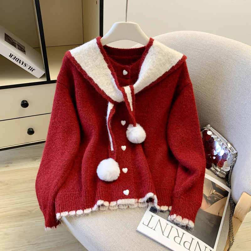 MY15958# 过年红洋气海军领毛球球两件套时尚百搭开衫针织衫上衣毛衣女...