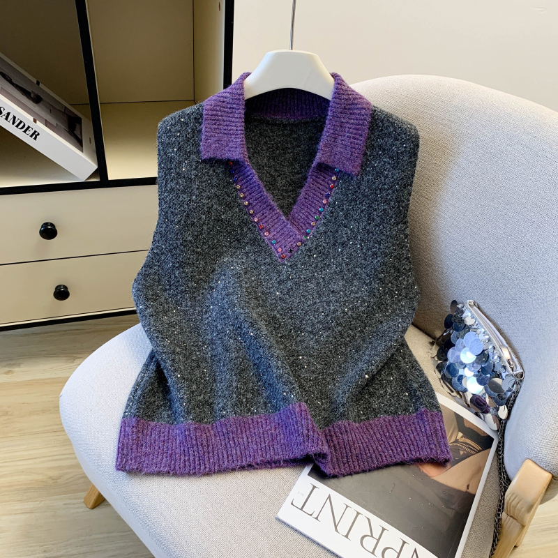 MY15960# 高级感撞色烫钻V领马甲外穿叠穿洋气时尚百搭女裝貨源服裝批...