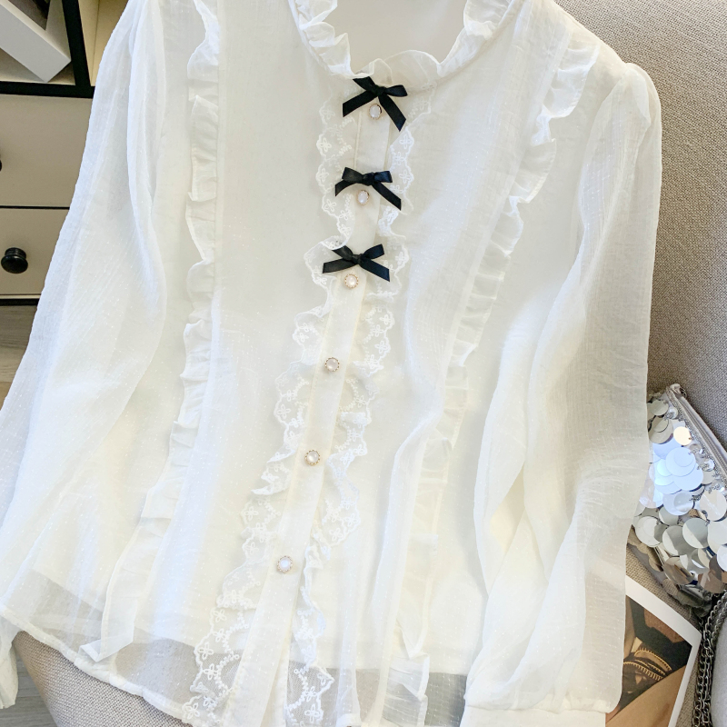 實拍 2026春季新款洋氣蝴蝶結蕾絲花邊拼接長袖蕾絲雪紡襯衫女