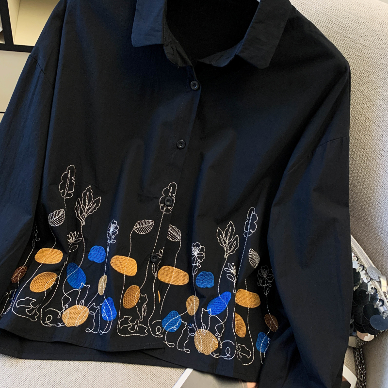 實拍 春季新款學院風重工刺繡純棉黑色襯衫女上衣