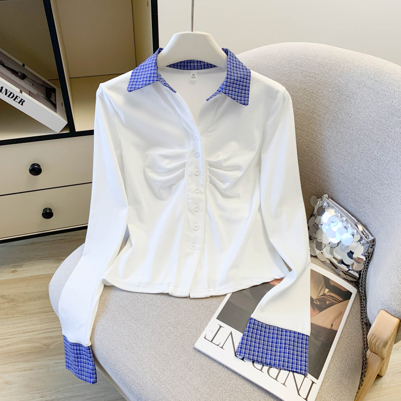 MY17094# polo领长袖针织上衣新款百搭褶皱撞色格子T恤女女裝貨源...