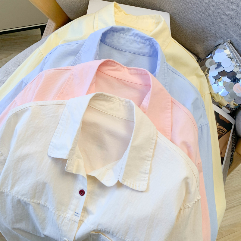 實拍 春季新款學院風百搭重工刺繡彩色扣純棉長袖襯衫女上衣外套