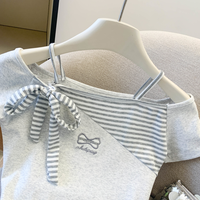 實拍 夏季修身顯瘦小個子條紋刺繡拼接撞色短袖T恤女上衣