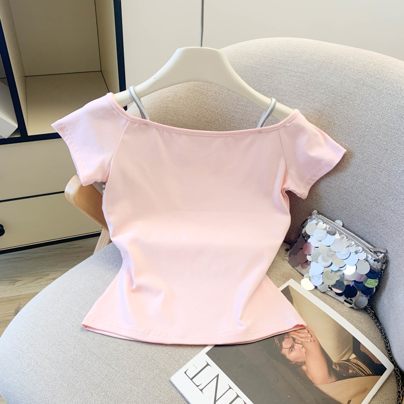 實拍 夏季修身顯瘦小個子條紋刺繡拼接撞色短袖T恤女上衣