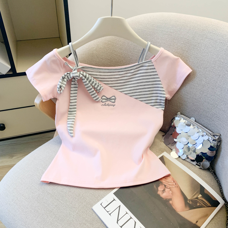 實拍 夏季修身顯瘦小個子條紋刺繡拼接撞色短袖T恤女上衣