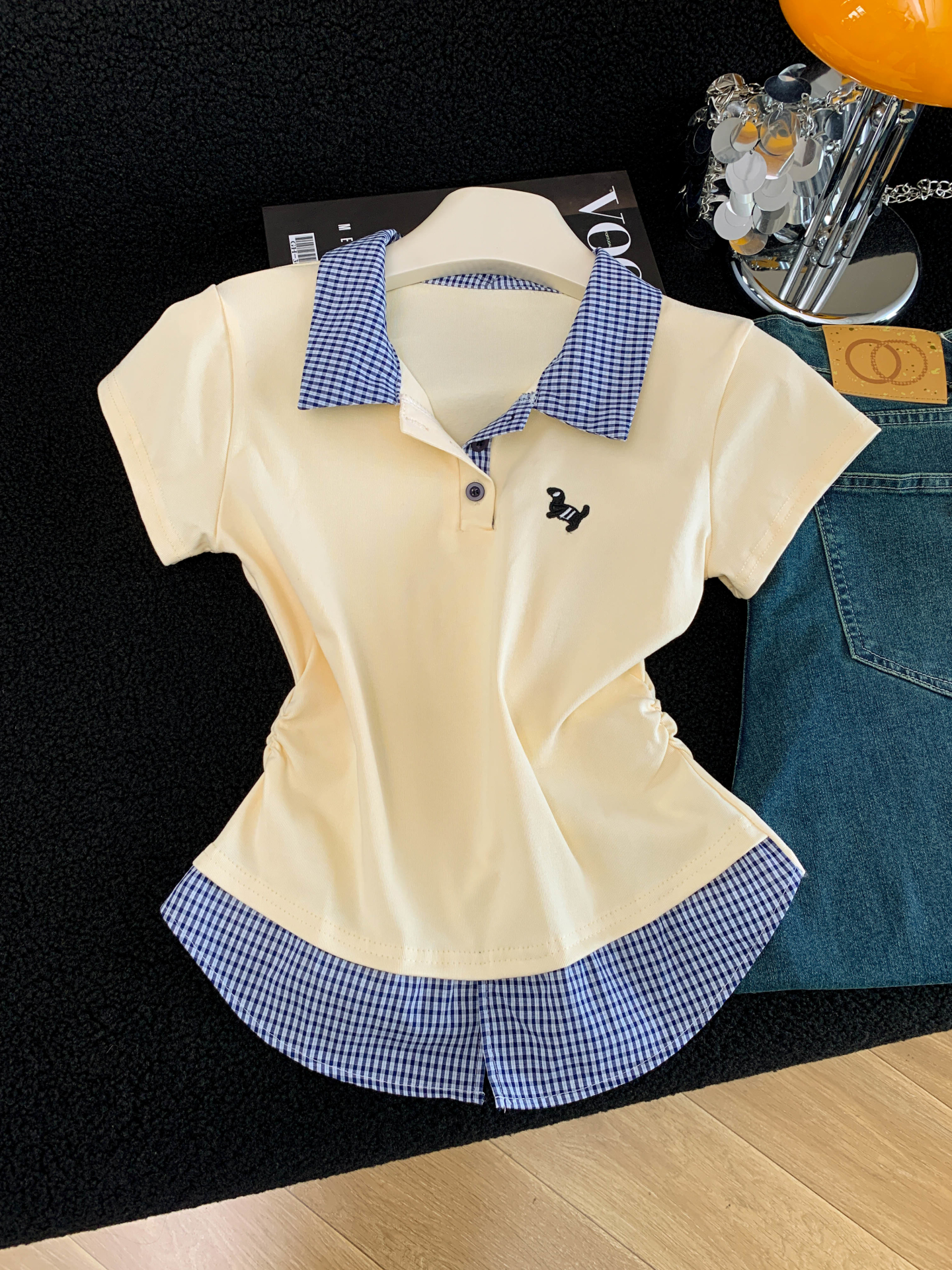 實拍 夏季新款格子拼接洋氣小狗刺繡polo領T恤女上衣學院風