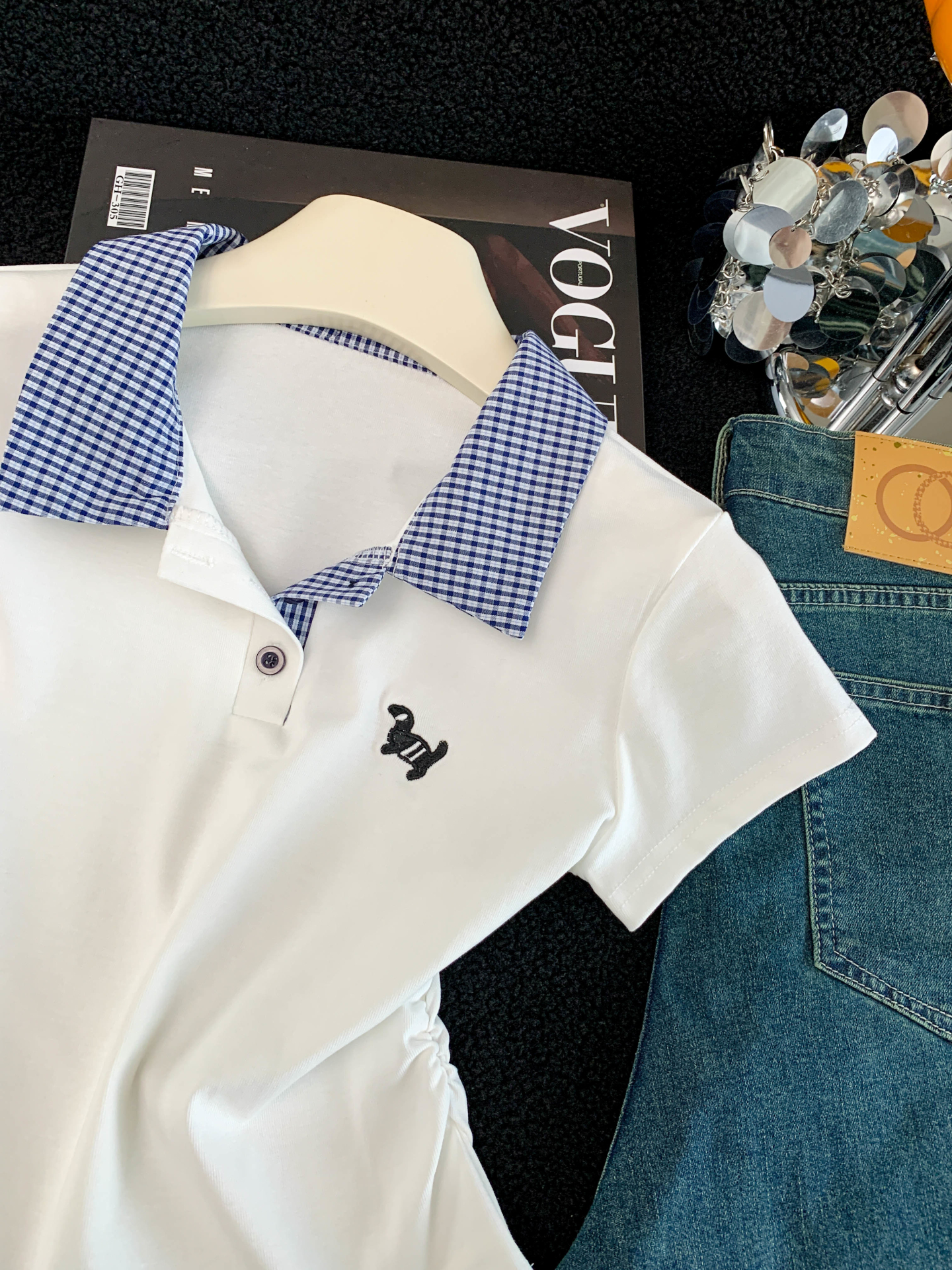 實拍 夏季新款格子拼接洋氣小狗刺繡polo領T恤女上衣學院風
