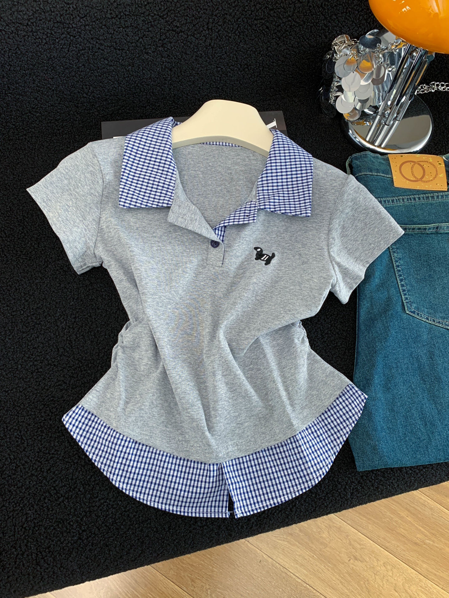 實拍 夏季新款格子拼接洋氣小狗刺繡polo領T恤女上衣學院風