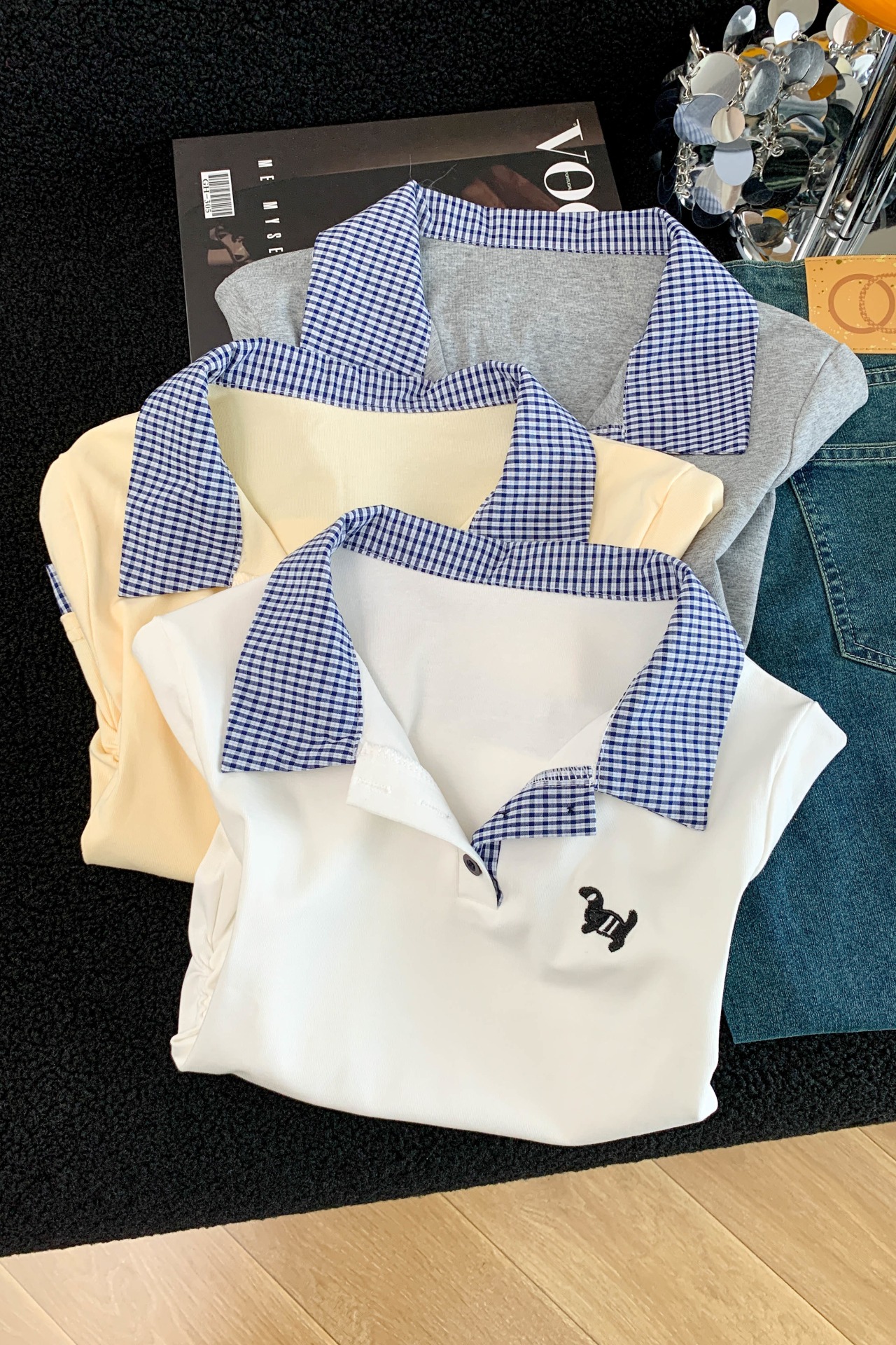 實拍 夏季新款格子拼接洋氣小狗刺繡polo領T恤女上衣學院風
