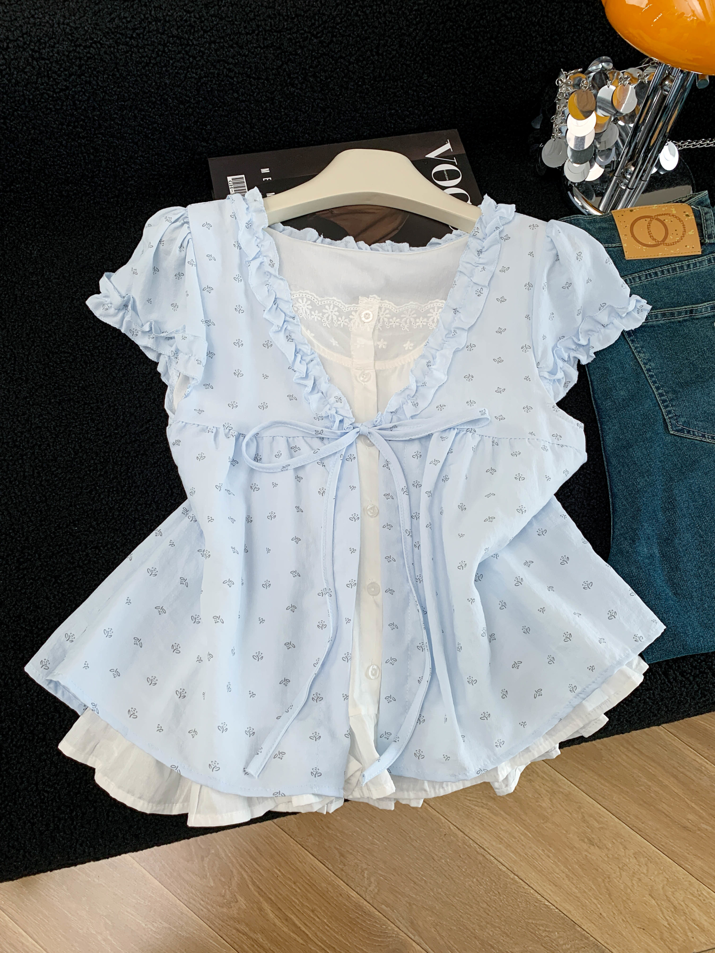 實拍 夏季新款無袖印花假兩件花邊拼接撞色學院風清晰襯衫女上衣
