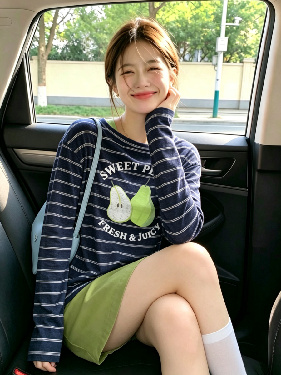 大貨 松弛感水果字母印花長袖T恤女韓系撞色條紋圓領防曬衫上衣