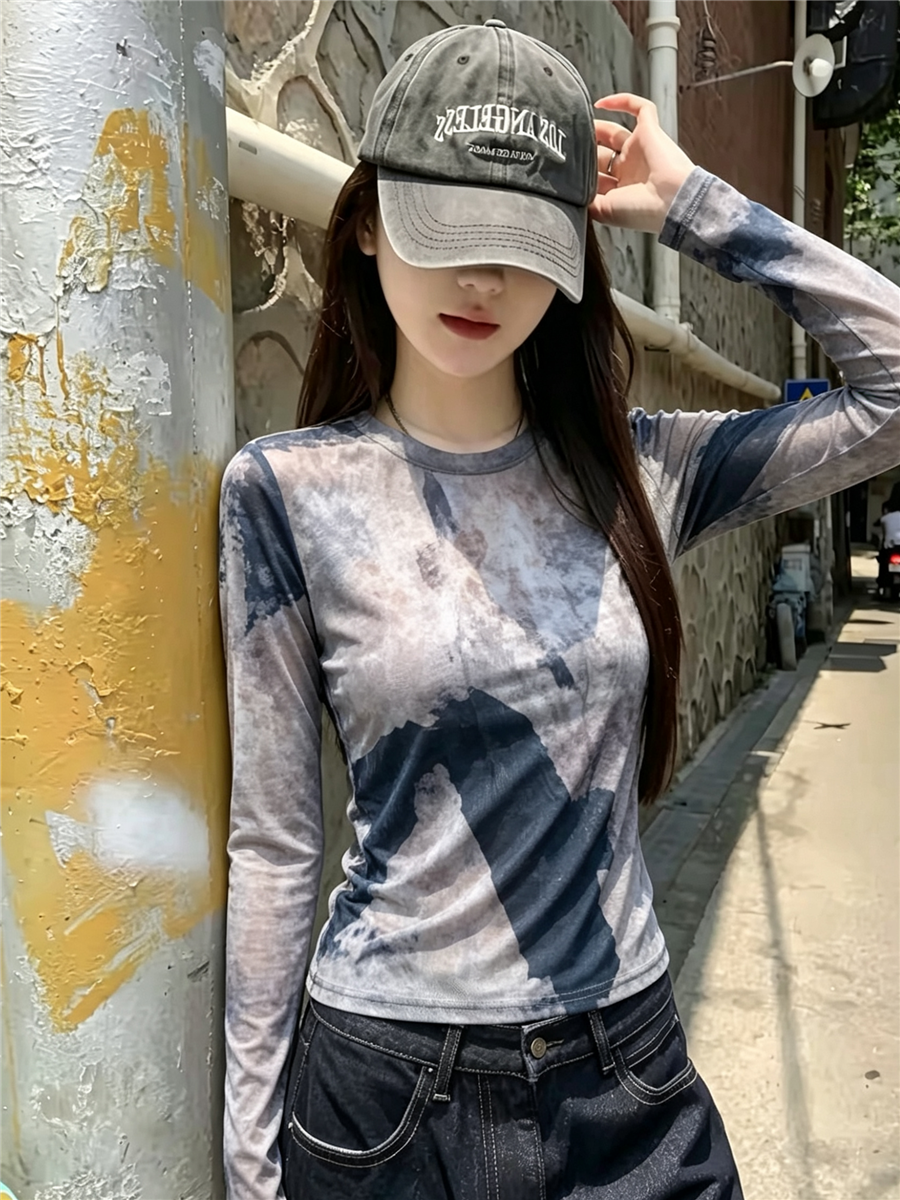 大貨 歐美風修身顯瘦時尚百搭水墨畫長袖網紗罩衫防曬衫T恤打底衫