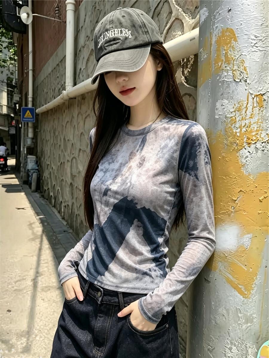 大貨 歐美風修身顯瘦時尚百搭水墨畫長袖網紗罩衫防曬衫T恤打底衫