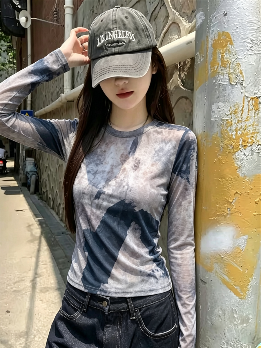 大貨 歐美風修身顯瘦時尚百搭水墨畫長袖網紗罩衫防曬衫T恤打底衫