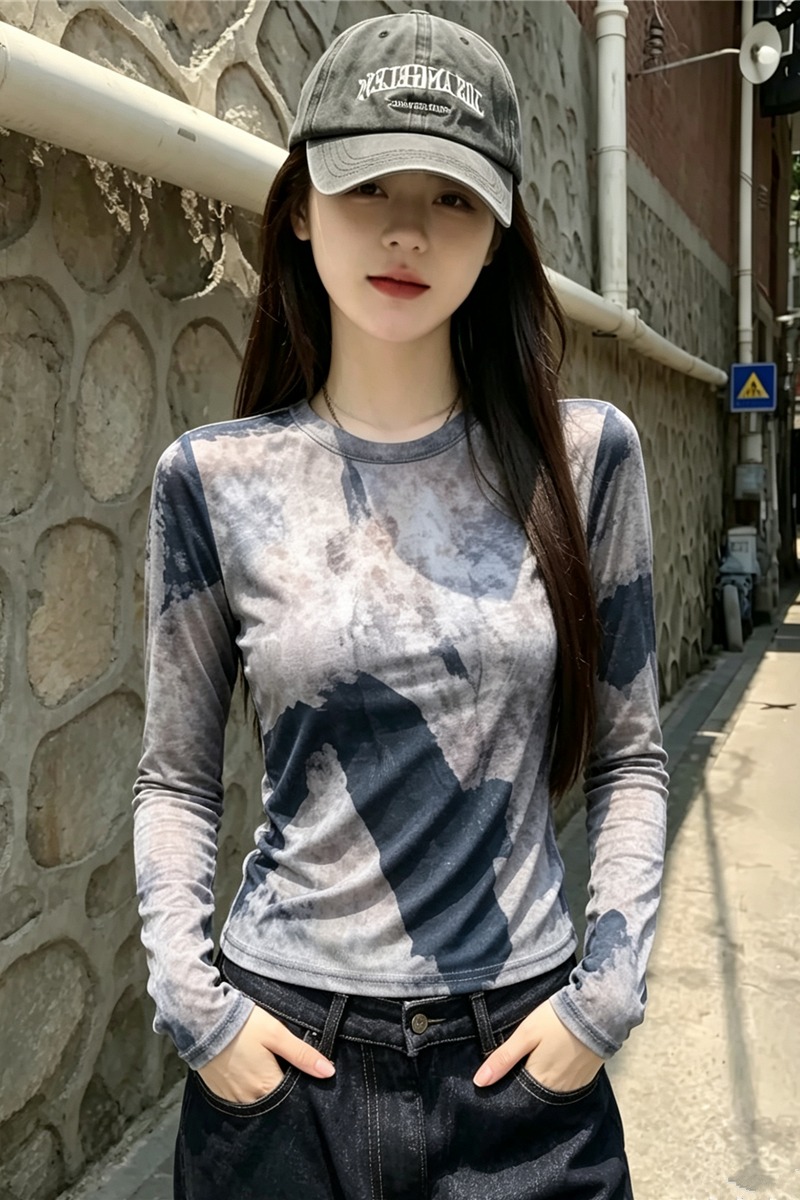 大貨 歐美風修身顯瘦時尚百搭水墨畫長袖網紗罩衫防曬衫T恤打底衫